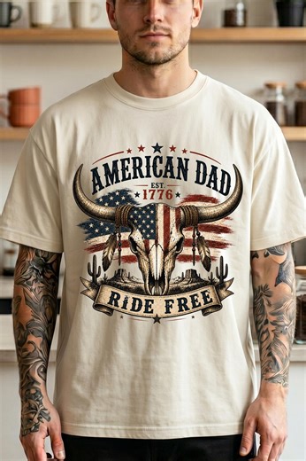 American Dad Western Shirt, Longhorn Skull Patriotic Tee, Cowboy Father Gift, 4th of July Dad Shirt, Ride Free Western Graphic Tee - Etsy