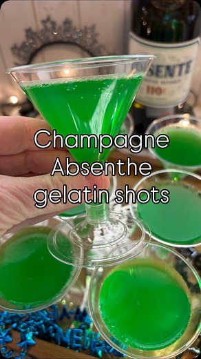 Rachel on Instagram: "🧚 Champagne Absinthe Gelatin Shots! A fun twist on a champagne cocktail using absinthe, these shots are perfect for New Year’s Eve or any party! #absinthe #nye2026 #newyearseve #absenteabsinthe #partner @absinthe_absente . . . Recipe : •one cup boiling water •one 3 ounce box lime gelatin dessert mix (jello or other brand) •1/3 cup Absente Absinthe •2/3 cup your favorite bubbly 🥂 (champagne or prosecco) 🧚 Add boiling water to green lime gelatin and stir until fully dissol