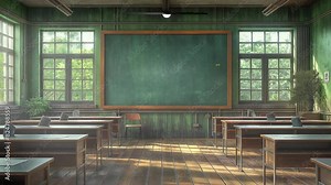 Empty classroom with desk, tables, chalkboard and chairs, at school or university motion seamless looping animation cartoon video background Stock Video