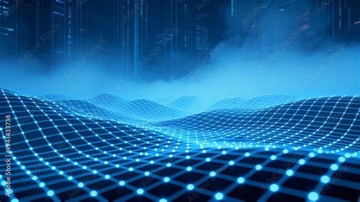 Glowing blue grid mesh shifting, waves causing pulsing nodes, bright glow showing tech pillars