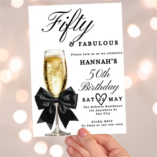 50th Birthday Invitation, Champagne Glass, Elegant Fiftieth Party Invite (digital Download) - Etsy