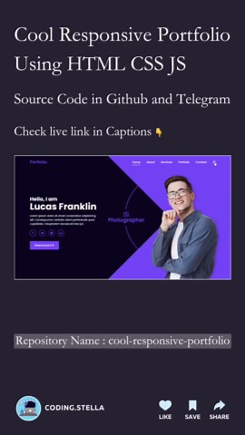 Stella • Coding • HTML • CSS • JAVASCRIPT on Instagram: "Cool Responsive Portfolio Using HTML CSS 😎 Dark and Light Mode of this Portfolio is Damn Awesome 🫡 Also With Contact Form 🔂 Live Link 👇 https://codingstella.github.io/cool-responsive-portfolio/ 🔥 Source Code Available in GitHub & Telegram Link in bio 🫶🏻 ✅ Project Created by Codehal via YT !! FOLLOW US TO LEARN CODING !! Follow for more @coding.stella 💙 Tags Your Friends 😉 Don't forget Like ♥️ and share 💬 Save for future reference