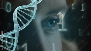 DNA animation with binary code on a close-up background of a blue eye
