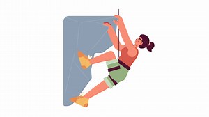 Rock climbing cartoon animation. Climber woman hanging on cliff 4K video motion graphic. Mountaineering outdoor. Girl doing extreme sport 2D color animated character isolated on white background
