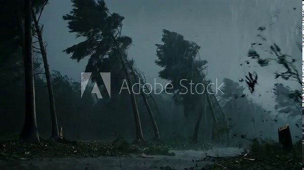 Intense storm with heavy rain and wind whipping through a forest, breaking tree branches and causing destruction footage.