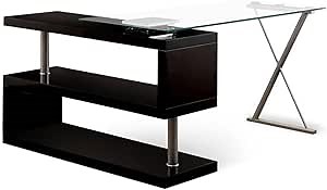 Furniture of America Lilliana S-Shaped Glass-Top Office Desk, Black