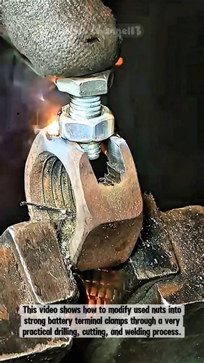 Modifying used nuts into battery terminal clamps#shorts #satisfying #working #welding