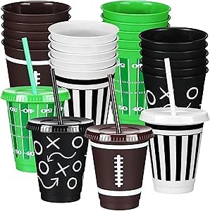 Havawish 24 Pcs Bulk Reusable Football Cups with Lids and Straws 16 oz Plastic Football Tumblers Ball Drink Cup for Sport Birthday Party Supplies Decorations in 4 Designs