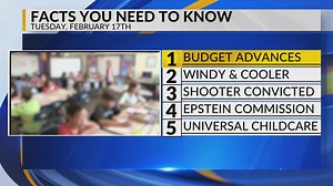 KRQE newsfeed: Budget proposal, windy and cooler, shooter convicted, Epstein commission, universal childcare