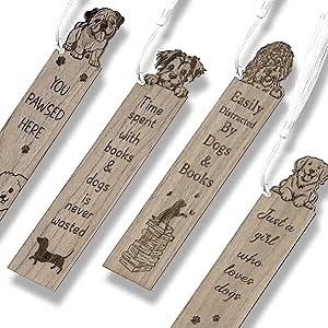 TICIAGA Wooden Dog Animal Bookmark - 4PCS Walnut Puppy Pet Bookmark Bulk with Tassel for Book Lover, Cute Dog Wooden Carving Book Mark Gift for Reading, Teacher Appreciation Gifts for Pet Lover