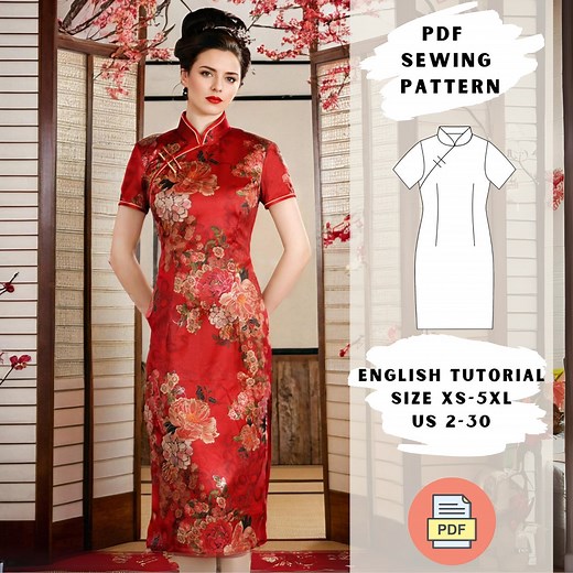 Cheongsam Dress Sewing Pattern PDF | Chinese Qipao Sewing Pattern | Traditional Elegant Dress | Mandarin Neck - Etsy