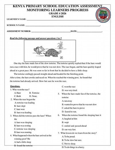 Grade 4 English Term 1 2026 Opener Exam with Marking Scheme