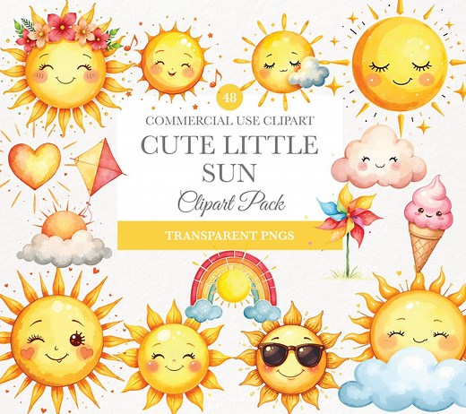 Watercolor Cute Sun Clipart, Digital Download, Nursery Art, Summer Sunshine, Happy Sun PNG, Commercial Use, Cute Sun Illustration - Etsy
