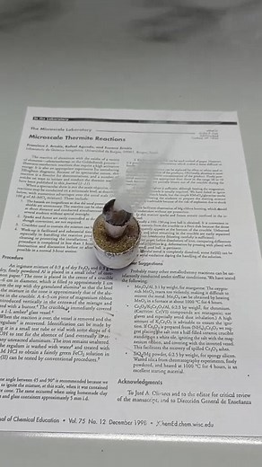 Aluminotermia iniciada con permanganato-glicerina. #termitaparahierro #aluminotermia #Fe2O3-Al #KMnO4-glicerina