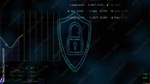 Animation of statistical, stock market data processing against light spot and security padlock icon