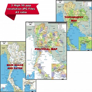 Printable THAILAND Political Map Digital Download and 2 Bonus Topography & Roads for Students, Travel Offices, Business or Home Deco A3 Size - Etsy