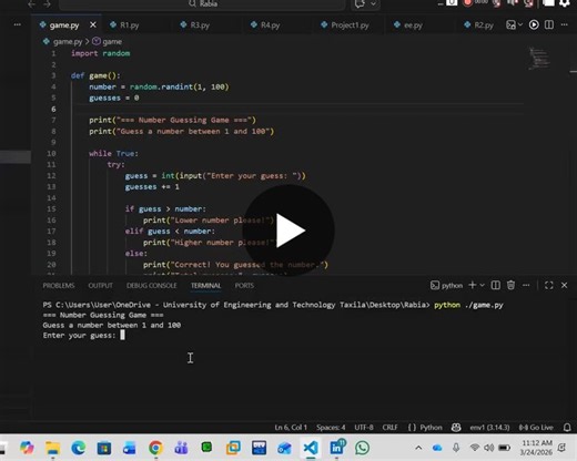 Developed a fun and interactive Number Guessing Game using Python, where the program randomly selects a number and the player tries to guess it. The game provides hints if the guess is too high or… | Rabia Zahra