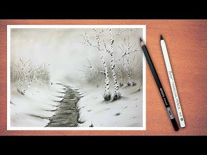 Charcoal Pencil Winter Landscape Drawing | Beautiful Snow Scenery Sketch Step by Step