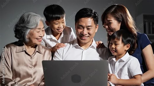 Asian Family Enjoying Laptop Together, Multi-Generational Connection, Happiness