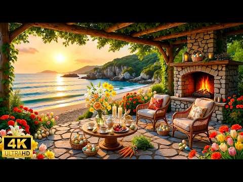 Peaceful Spring Sunset by the Sea☀️Easter Ambience🐰Soft Piano Music with Fireplace & Ocean Waves
