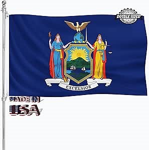 New York State Flag 3x5 Double Sided NY State Flags Outdoor Heavy Duty 3 Ply Polyester Material with 2 Metal Grommets 4 Rows of Stitching