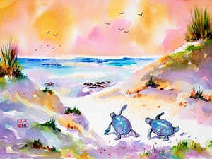 Sea Turtle Painting, Baby Turtle Art Print, Turtle Canvas, Florida Beach Art, Loggerhead Turtle, Florida Art, Tropical Art, Ellen Negley - Etsy