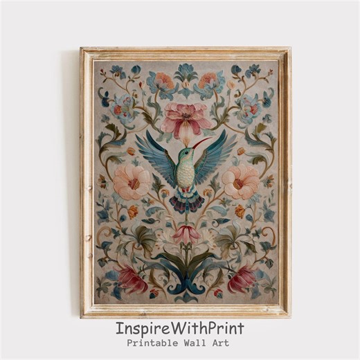 Hummingbird Floral Ornamental Printable Art, Vintage European Botanical Wall Art, Grandmillennial Cottagecore Painting, Digital Download - Etsy
