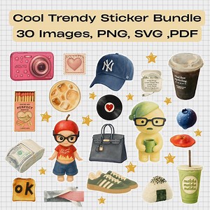30 Trendy Cool Sticker Bundle – Aesthetic Digital Stickers Pack, Clipart (PNG, PDF) for Planners, Scrapbooking, Laptop, Crafts & More - Etsy