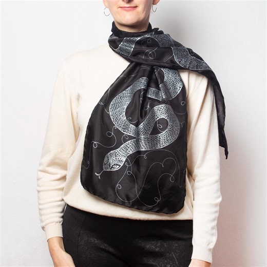 Snake Print Hand Painted Black Silk Scarf Snake Gift Snake Lover Scarf 53X11 - Etsy