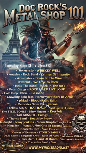 Don’t miss The Metal Shop #radioshow on My Indie Radio, hosted by Doc Rock this Tuesday 01/20 8PM CET / 2PM EST featuring the following lineup of indie artists: Stonebreed - WHISKEY WELL Angeles - Rock Band - Crimes Of Insanity Axminster - Down To The Wire @Rabbit - We Love to Rock Helix The Band- Stuck In The 80's Peter Graigs - ROCK HARD LIVE LOUD Cold Drop Official - Gasoline Crawling Solo feat. Harro - Brothers In Arms pMad - Blood ( Radio Edit ) Memories Never Die - Karma Yellow No. 5- RAT 