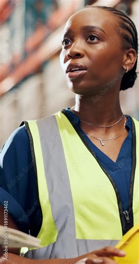 Logistics, speaker and woman with helmet in warehouse, safety training and compliance regulations. Talk, accident prevention workshop or black person with depot rules, briefing or equipment education