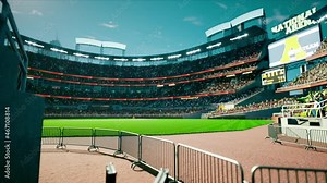 empty stadium arena with animated fans crowd in the sunny day lights. waving flags around. High quality 4k footage render