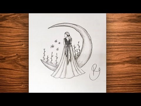 How to Draw a Girl Sitting on Moon | Pencil Sketch Step by Step | Easy Girl Drawing for Beginners