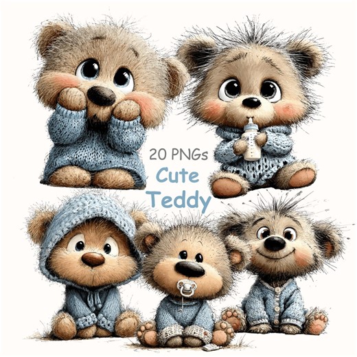 Teddy Bear With Big Eyes Clipart: Teddy Dressed With Sweater Set Graphics (digital Download - 20 Pngs) - Etsy