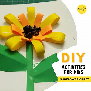DIY Activity for Kids—Sunflower Craft By Yellow Class Today’s DIY activity is to make a Sunflower craft in a very interesting and easy way. Blossom your child’s day with this beautiful Sunflower Craft. It is a great craft for Summers and Fall! This folded Sunflower craft can be used for decorating your child’s room or your house. Enjoy this craft! Materials Required: 1. Thick white A4 size Sheet 2. Yellow and Orange Sheets, cut into Rectangular shapes 3. Brown and Green Color Sheet 4. Scissor 5.