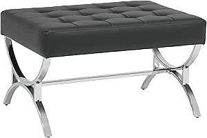 Studio Designs Newel Ottoman - Bonded Leather Ottoman with Tufted Cushion and Chrome Finish Frame - Woven Webbing Seat, Chrome/Black