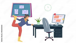 Healthy Habits In Workplace animated video, Lady stretching legs and arms at workplace using her table footage, Sedentary lifestyle clip, self serving behaviors animation