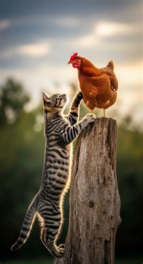 Cat Chasing Chicken: Showdown at the Top of the Fence Race #CatVsChicken #FunnyPets #AnimalChase