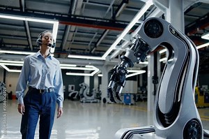 Human-robot interaction in a modern manufacturing facility at a tech hub