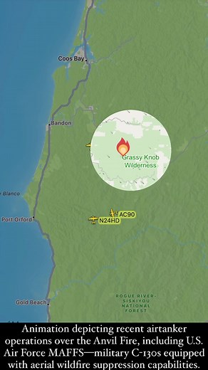 Animation depicting recent airtanker operations over the Anvil Fire, including U.S. Air Force MAFFS—military C-130s equipped with aerial wildfire suppression capabilities. | Rogue Valley AirWatch