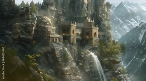 A rugged mountain pass where the alchemists lab is carved into the side of a cliff face. The sound of rushing water echoes throughout the lab where the alchemist creates unique potions