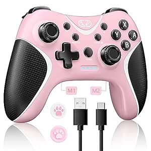 BRHE Wireless Switch Pro Controller Compatible with Nintendo Switch/Lite/OLED/Switch 2, Windows PC, iOS, and Android - Programmable, Vibrating, Turbo, and Wakeup with 2 Thumb Caps Included (pink)