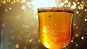 A glass of amber liquid exploding with dynamic energy and vibrant sparkles against a dark background, capturing motion and celebration in vivid detail.