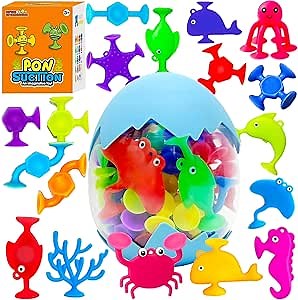 32PCS Suction Cup Bath Toys for Kids Ages 1-3 Ocean Animal Suction Bath Toys with Eggshell Storage No Hole Mold Free Bathtub Toys Party Favor Classroom Prize Water Table Toys 4 5 6 Year Old Boys Girls