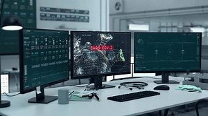 Software Examines Structure Of Respiratory Sars-Cov-2 Virus. Software Of Laboratory For Medicine Research Analyzing Covid Respiratory Virus. Futuristic Microscope Software. Respiratory Virus Scan