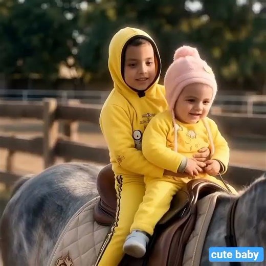 Two children in bright yellow tracksuits riding a majestic dappled grey horse.