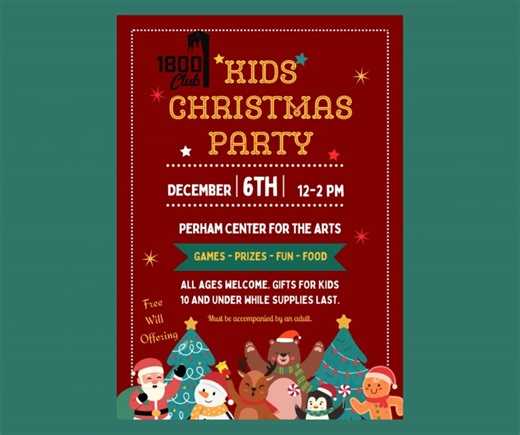 1800 Club Kids Christmas Party! Saturday, December 6th at 12-2pm At the Perham Center for the Arts | The 1800 Club