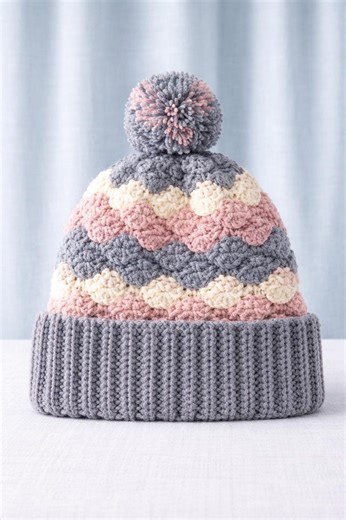 Striped Shell Stitch Crochet Hat Pattern, Unisex Beanie PDF, Pom Pom (digital Download) - Etsy UK