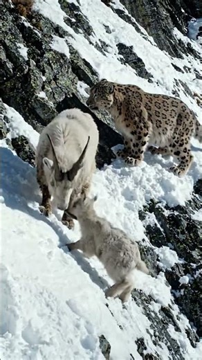 Snow Leopard Attack on Mountain Goat & Baby Cliff Slip but Mother Saves#animalrescue#animal shorts