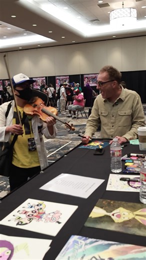 Tom Kenny, the voice of Sponge Bob, singing while autographing our Mermaid Man and Barnacle Boy Pin Sets! #Disliz #TomKenny #PinSets #SpongeBob #Collectibles